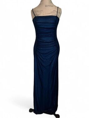NWT Taboo Whimsigoth navy blue maxi prom dress with glitter and ruched. Size: L